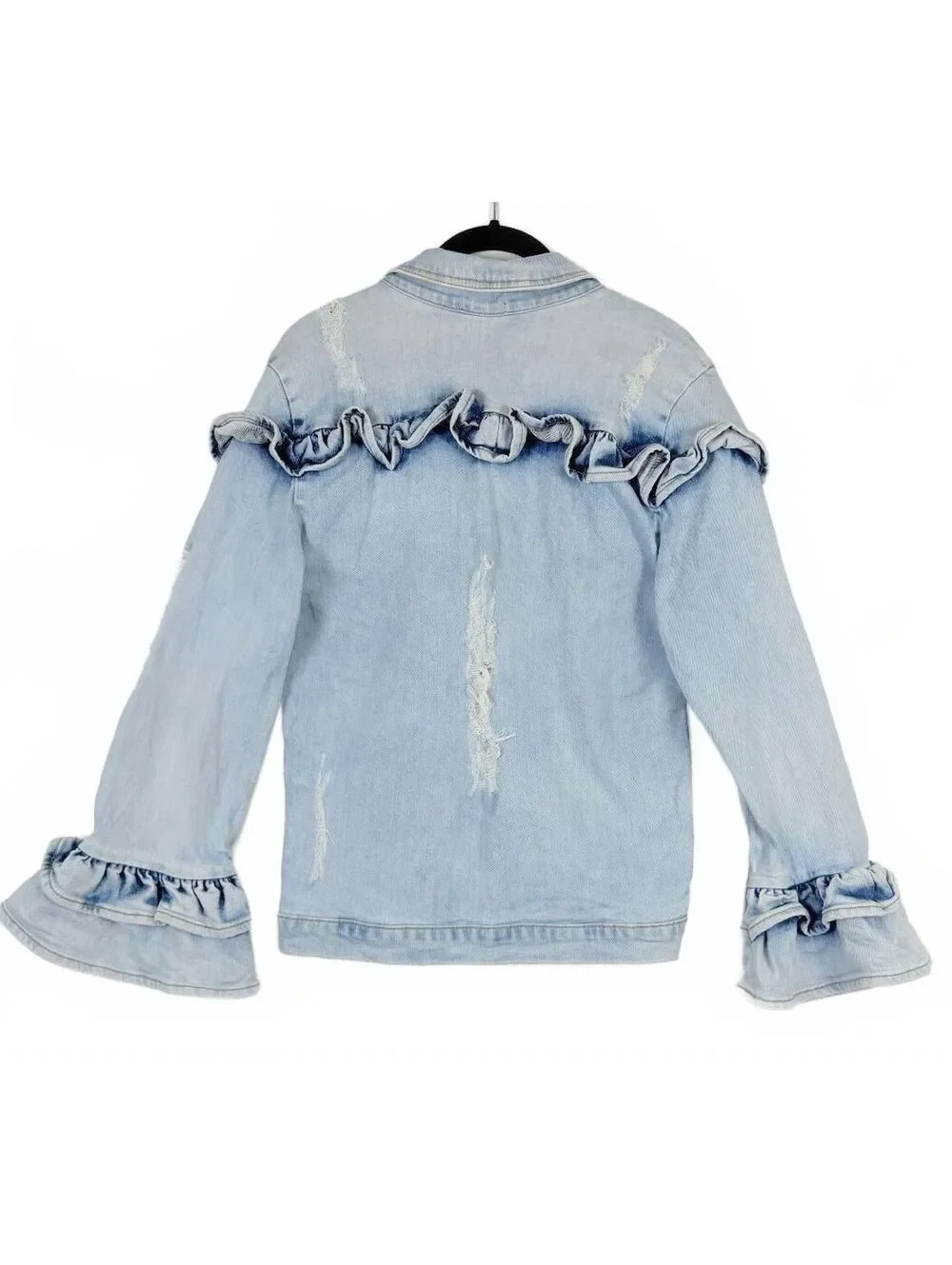 Iorane Size 40/ Medium Light Wash Ruffle Denim Jacket Bell Sleeve Jean Jacket